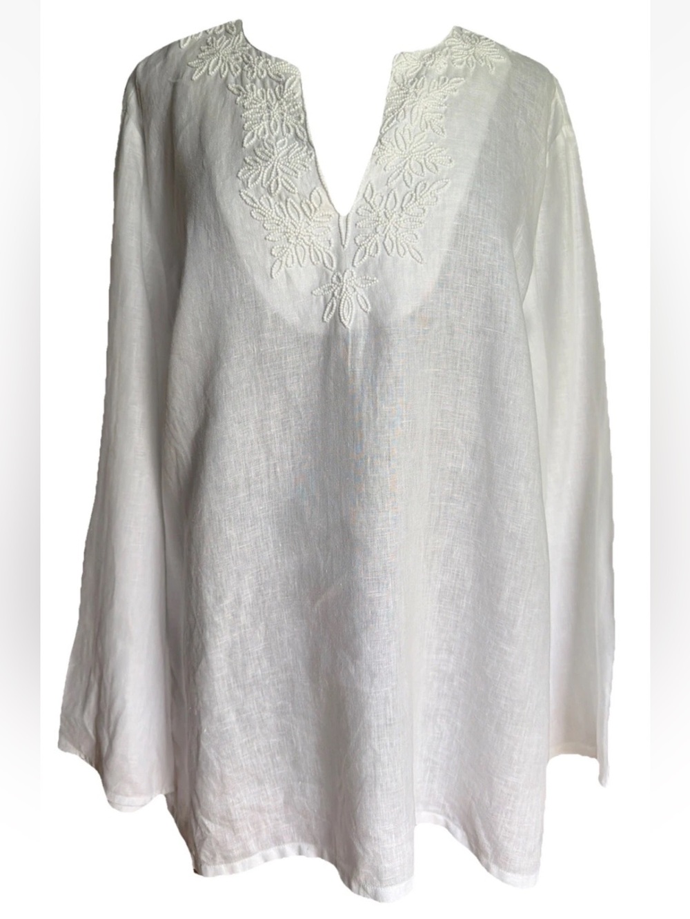 Lands End White Linen Seed Bead V-Neck Tunic Top Longsleeve Lagenlook Sz L/14/16